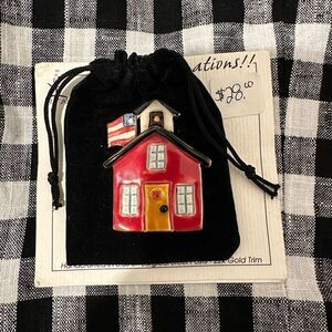 ‘90’s kitschy “old school house” handmade clay pin/brooch with real gold trim
